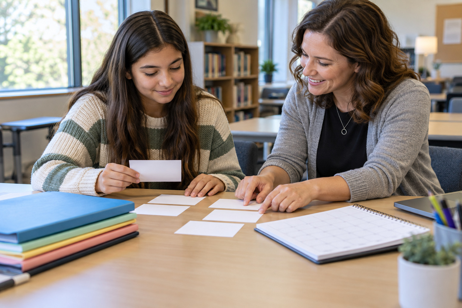 Teenage student and educator breaking an academic goal into manageable steps